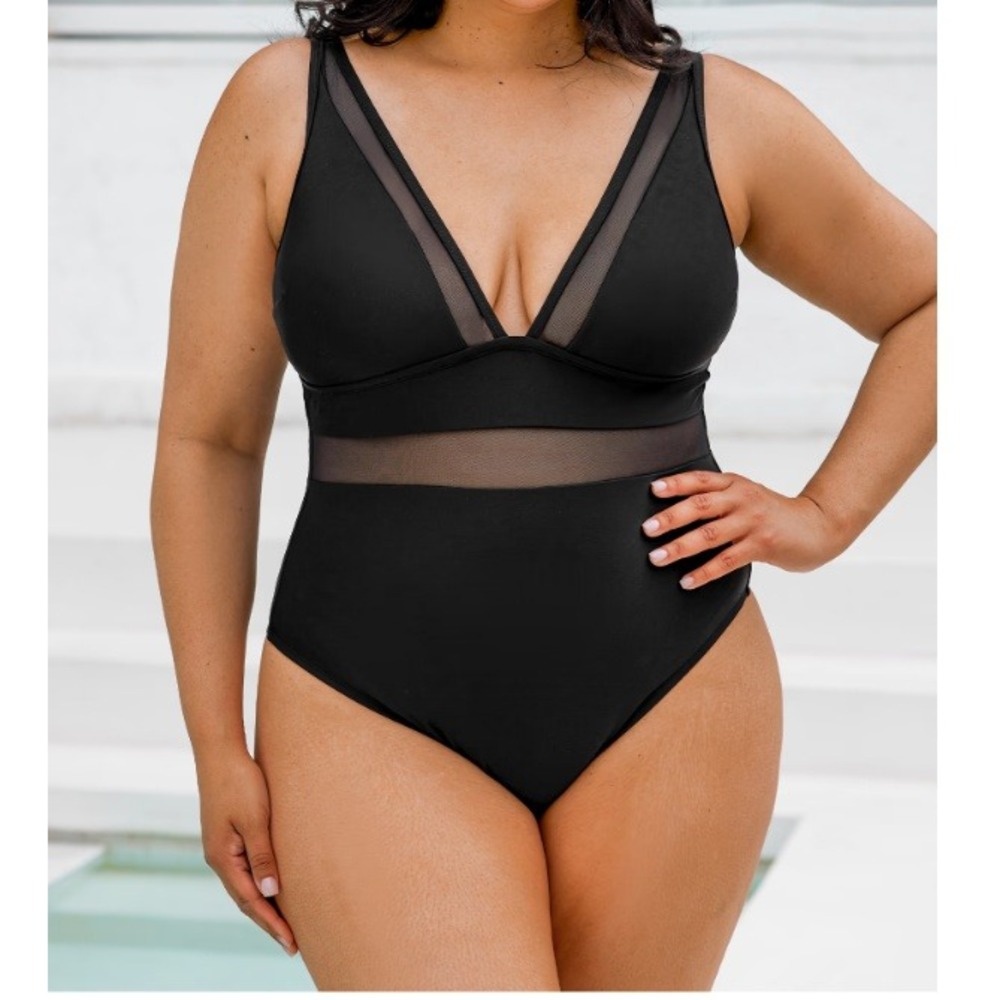 Cupshe Black Mesh V-Neck Tummy Control One Piece Swimsuit 2X